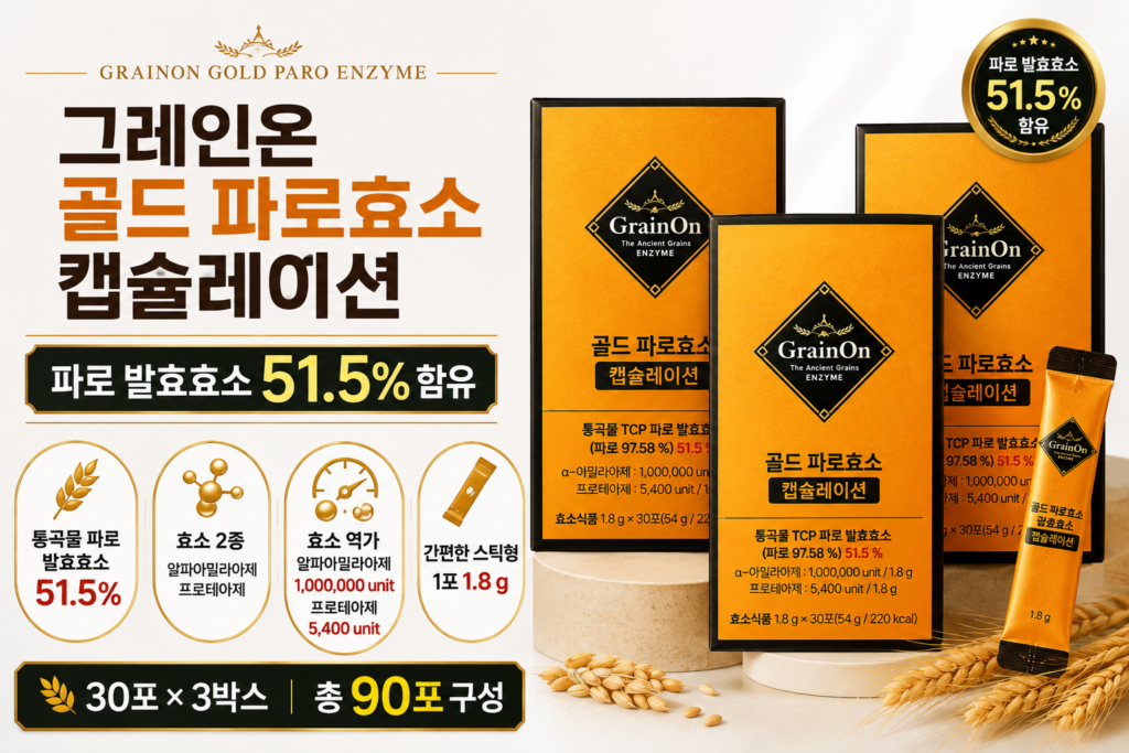 밥·빵·면 먹고 나면 속이 더부룩하지 않으세요? 그레인온 골드 파로효소 3박스 90포 최저가와 특징 제품 이미지