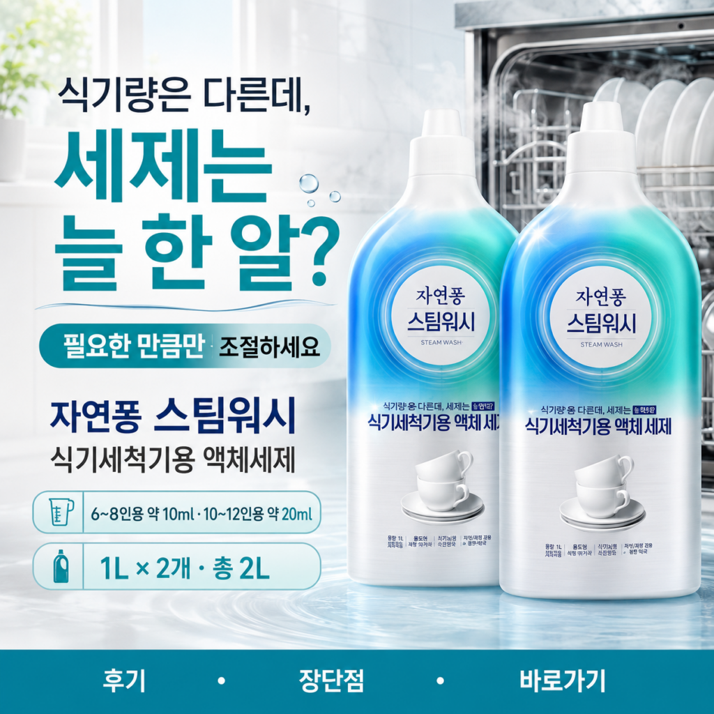 식기세척기 세제, 양 조절 없이 그냥 넣고 계신가요? 자연퐁 스팀워시 식기세척기용 액체세제 1L 2병 최저가와 특징 제품 이미지