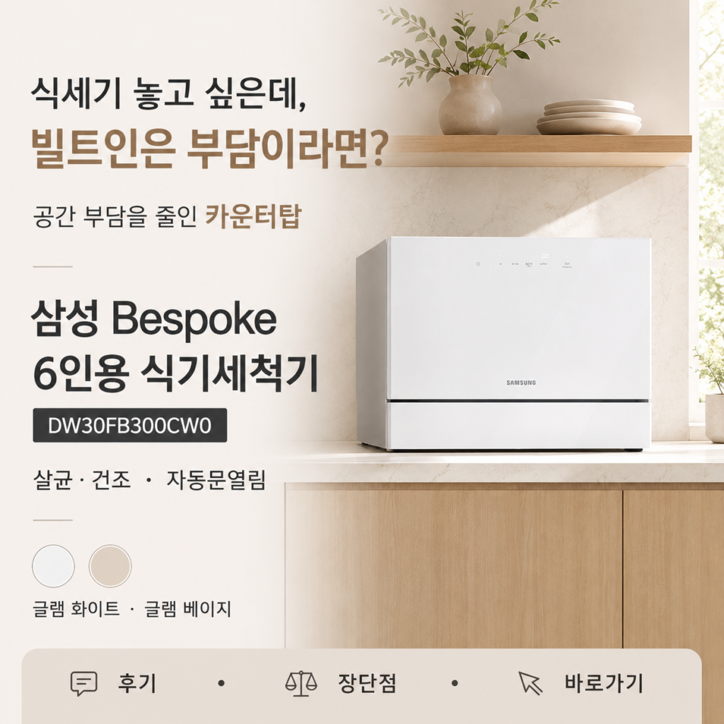 식기세척기 갖고 싶어도 빌트인 공사 때문에 망설이셨나요? 삼성 Bespoke 카운터탑 식기세척기 6인용 DW30FB300CW0 최저가와 특징 제품 이미지