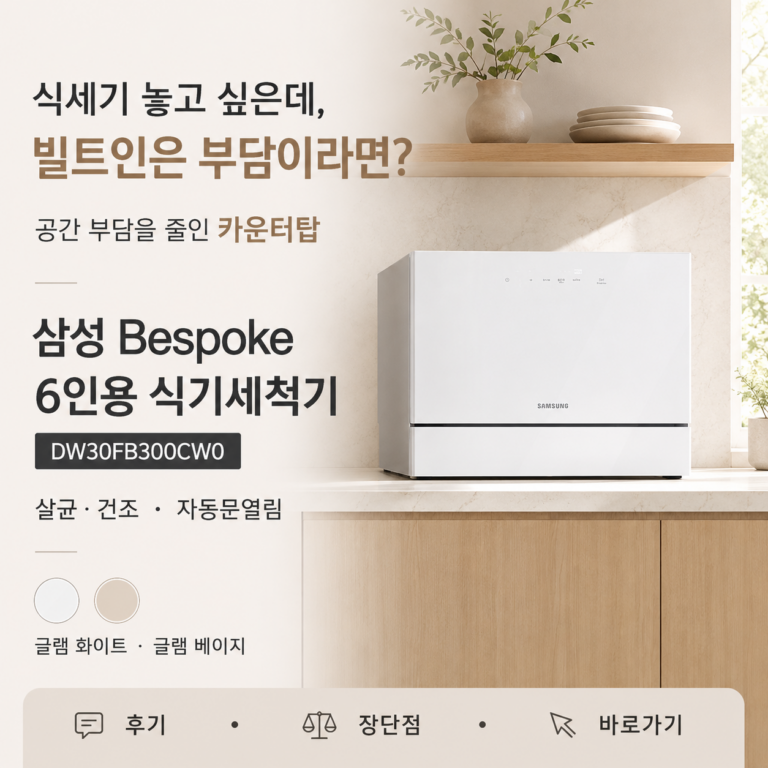 식기세척기 갖고 싶어도 빌트인 공사 때문에 망설이셨나요? 삼성 Bespoke 카운터탑 식기세척기 6인용 DW30FB300CW0 최저가와 특징
